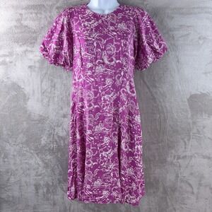 Banjanan‎ Quant Dress Womens Size Small Pink White Print Puff Sleeve Midi Boho